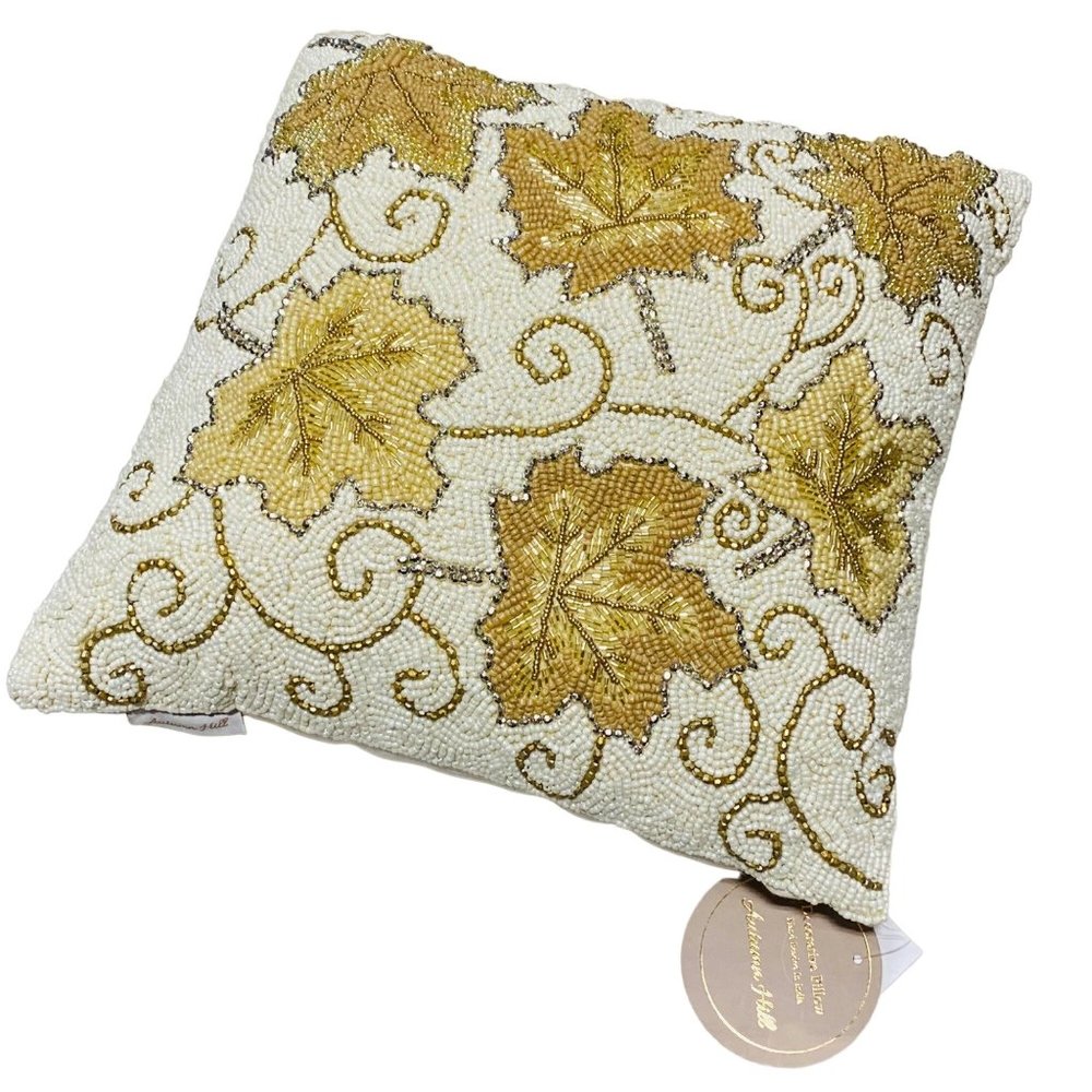 Autumn Hill Thanksgiving Fall Maple Leaves Gold Swirl Beaded 14in Toss Pillow